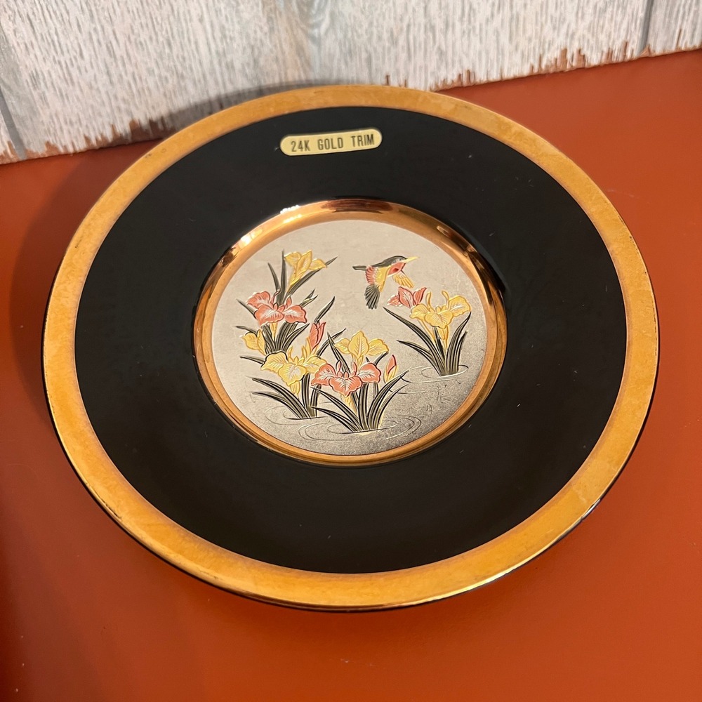 Himark Art of Chokin Hummingbird‎ Iris 24K Gold Trim Collector Plate Japan 6.5"